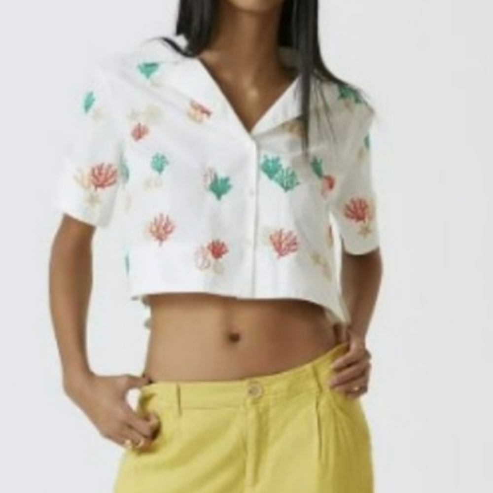 Anthropologie Maeve Oversized Cropped Embroidered Surf Top - Picture 2 of 9